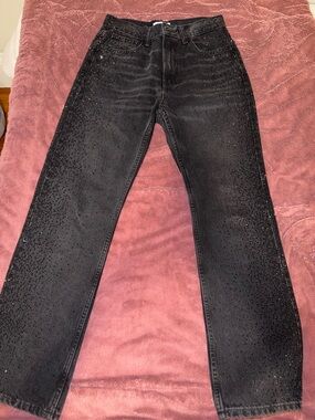 Black Crystal-Embellished Straight Leg Jeans